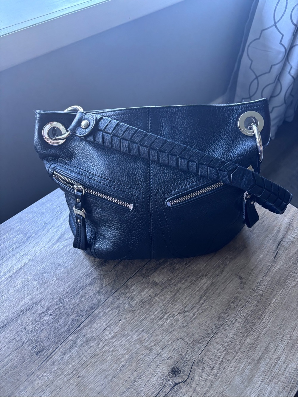 b. makowsky Black Leather Shoulder Bag with Braided Strap